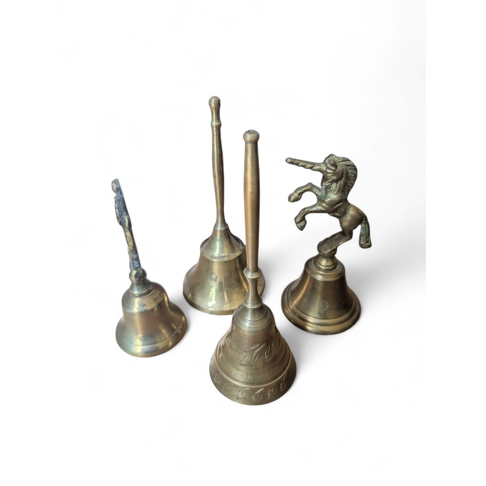 Vintage Brass Bells‎ Set of 4 Unicorn Man Figurine Engraved Etched